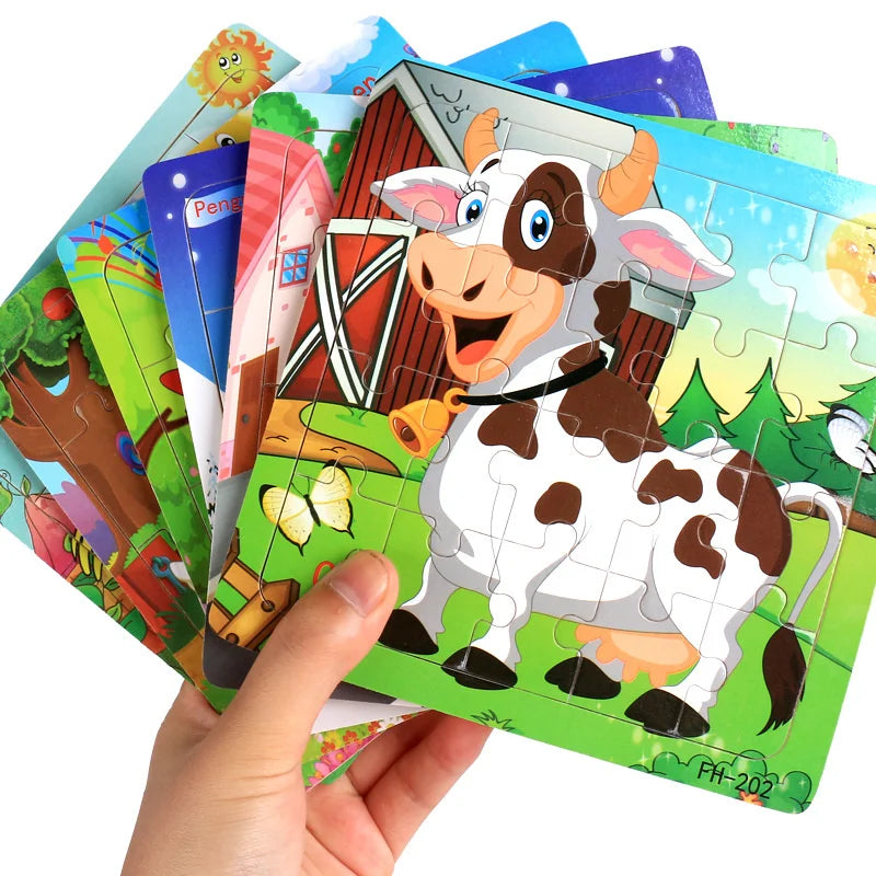 Baby Toys 20Piece Wooden Puzzle Cartoon Animal Vehicle 3D Jigsaw Puzzle Game Montessori Educational Toys For Children Gifts