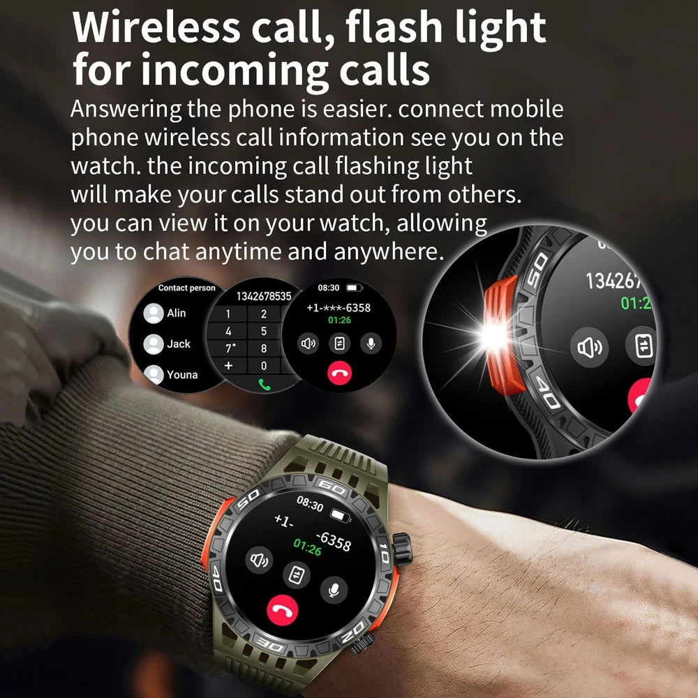 Outdoor Military Smart Watch Men's With LED lighting Bluetooth Call Smartwatch 3ATM IP68 Waterproof Compass Sports Fitness Watch