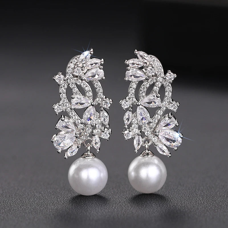 Elegant Lady Wedding Earrings with Simulated Pearl Graceful Accessories for Engagement Brilliant Zirconia Pendant Jewelry