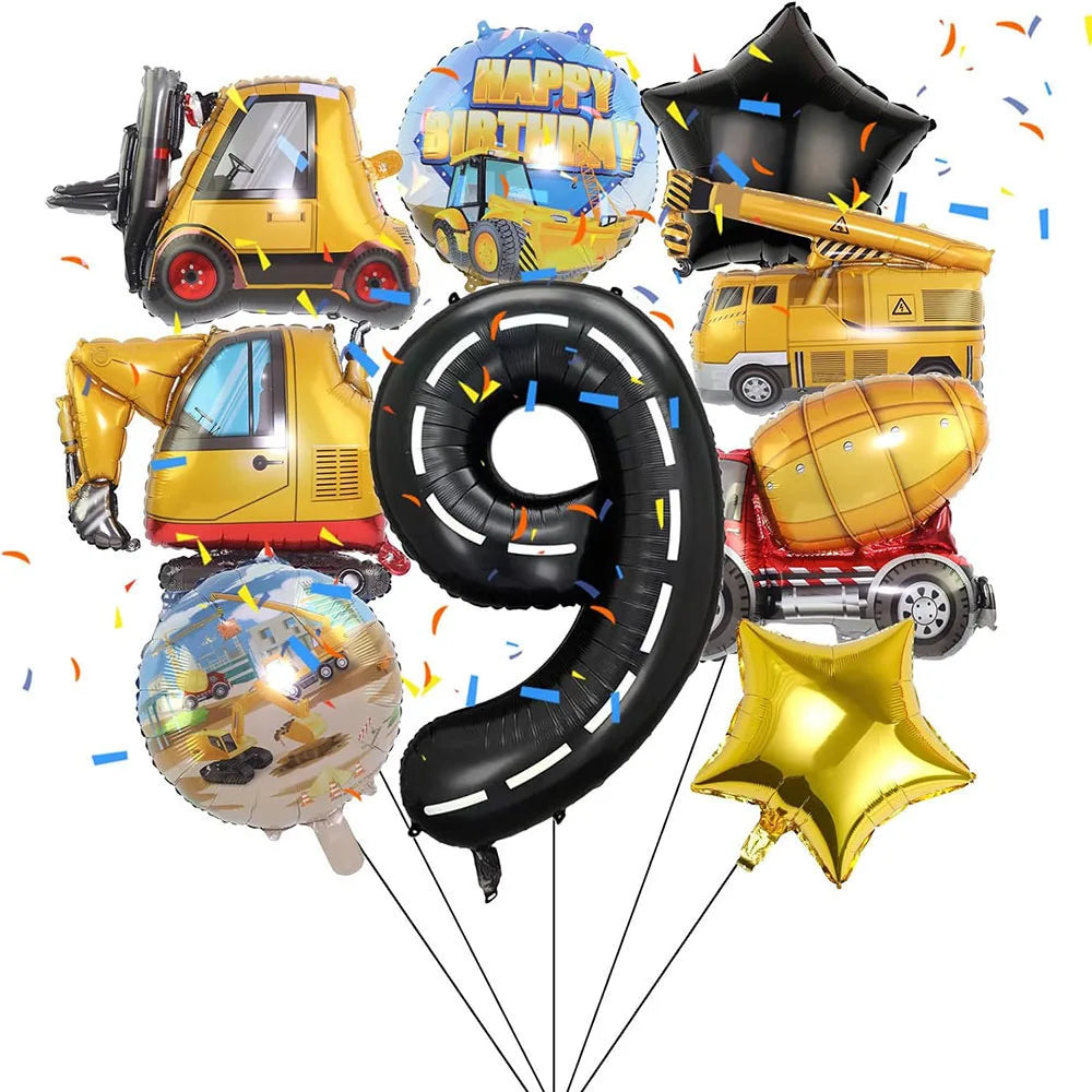 Architectural Birthday Party Decoration, 9 Pieces of Architectural Birthday Numbers Aluminum Foil Balloons Suitable for Architectural Trucks Birthday Architectural Theme Party Supplies