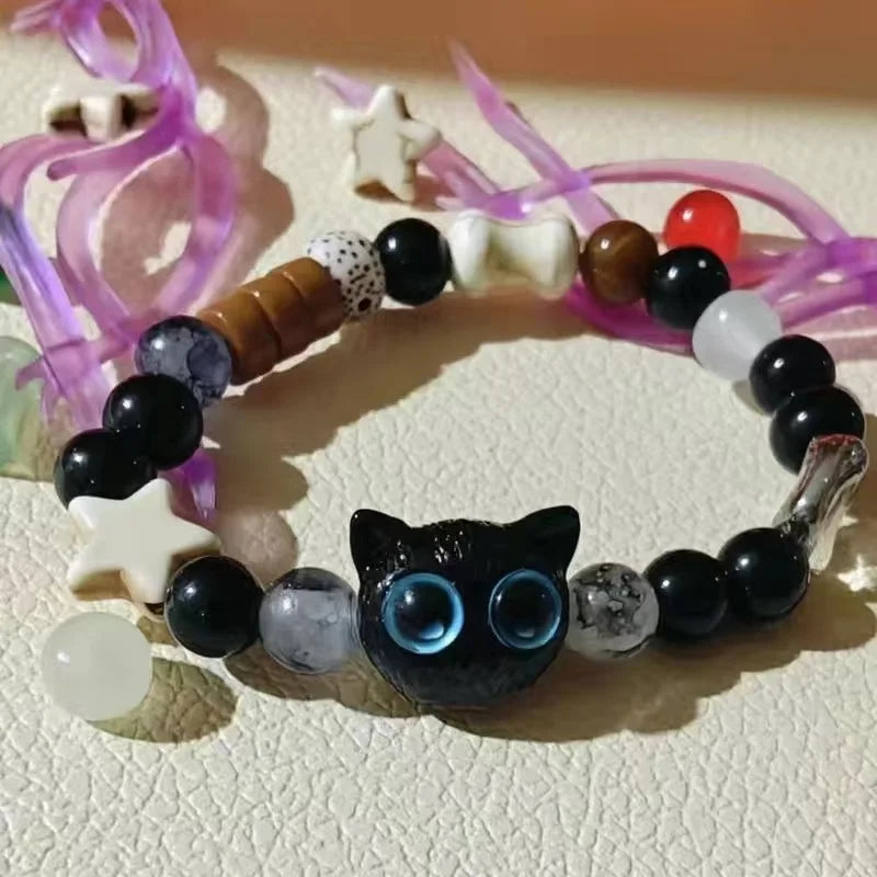 Cute Cat Bracelet For Women Funny Black Cat Bead Adjustable Braided Rope Charm Bracelets For Couple Friends Harajuku Jewelry