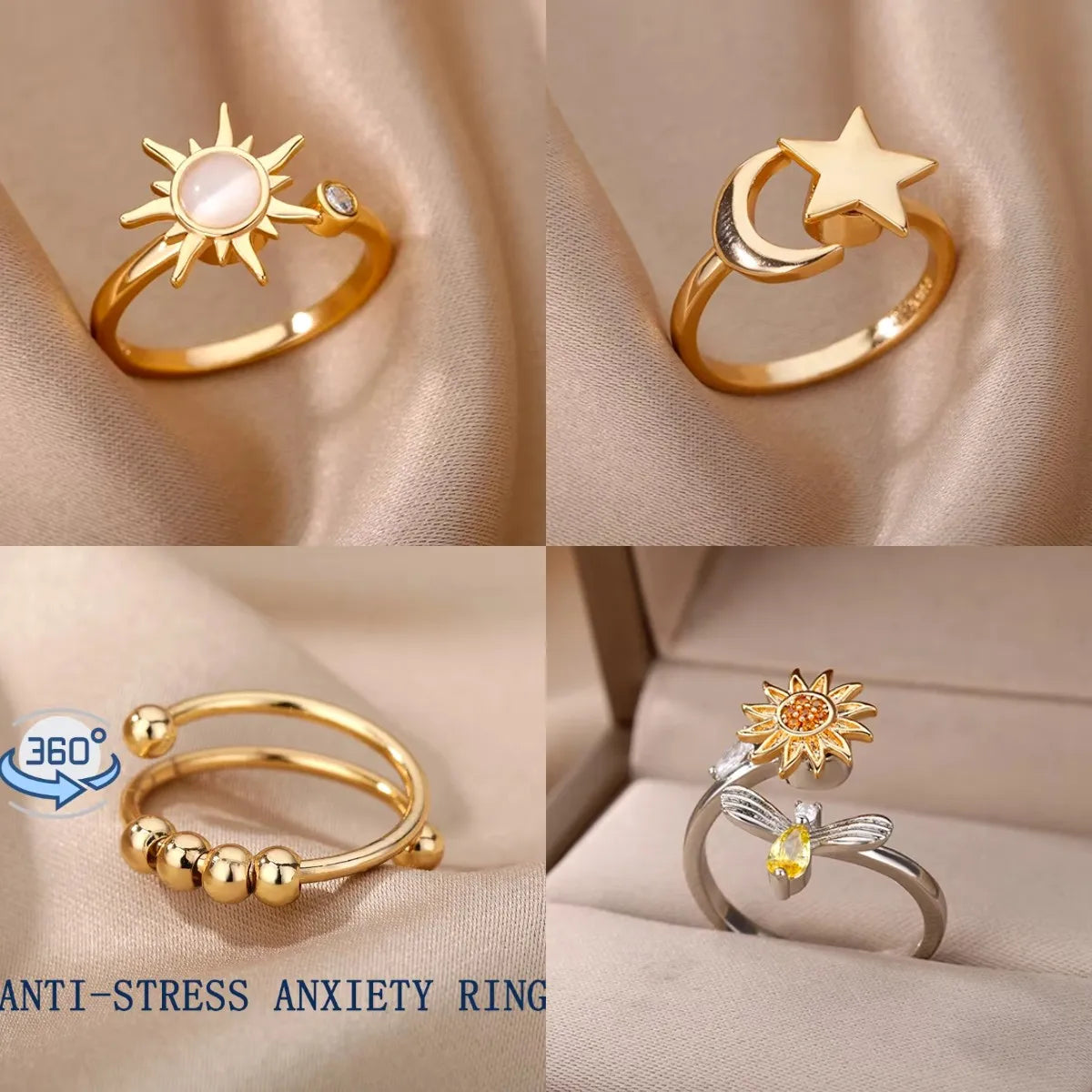 Anti Stress Anxiety Fidget Rings for Women Stainless Steel Sunflower Sun Star Spinner Ring Christmas Jewelry Gifts