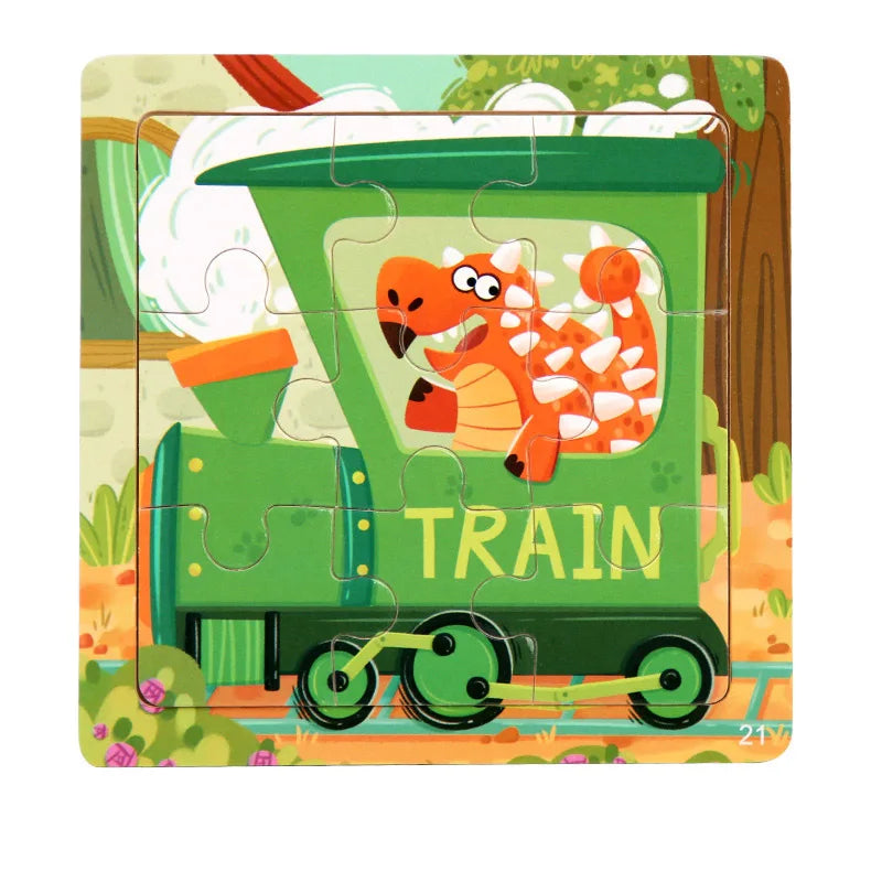 9 Piece Small Wooden Puzzle Cartoon Animal Vehicle 11x11cm Wood 3d Puzzle Montessori Educational Toys For Kids Gifts