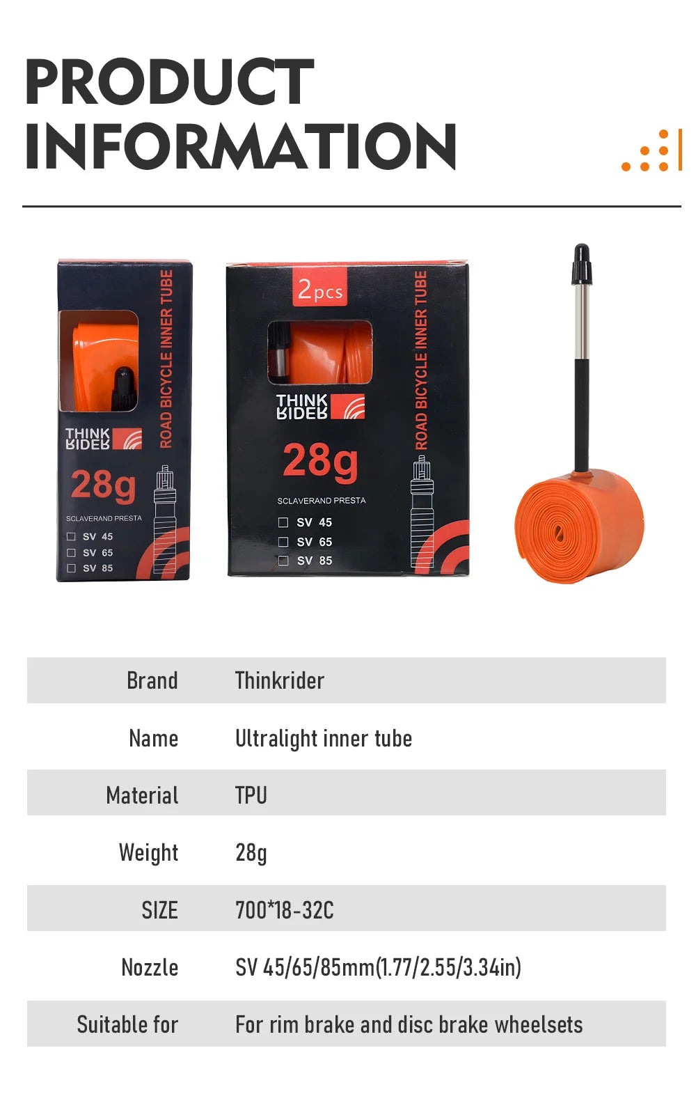 ThinkRider 28g Ultralight Bike Inner Tube 700 x 18 25 28 Road Bicycle TPU Tire 45/65/85mm Length French Valve Super Light Tube