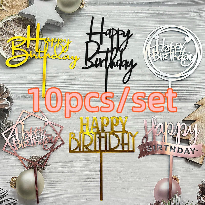 10Pcs Acrylic Happy Birthday Cake Topper Black Gold Silver Designs Cake Decorations for Kids, Men, Women & Baby Showers