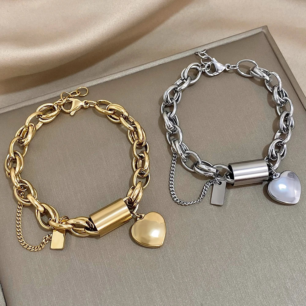 Punk Chunky Gold Color Thick Chain Stainless Steel Bracelets for Women Fashion Design Heart Love Pendant Wrist Jewelry Gift