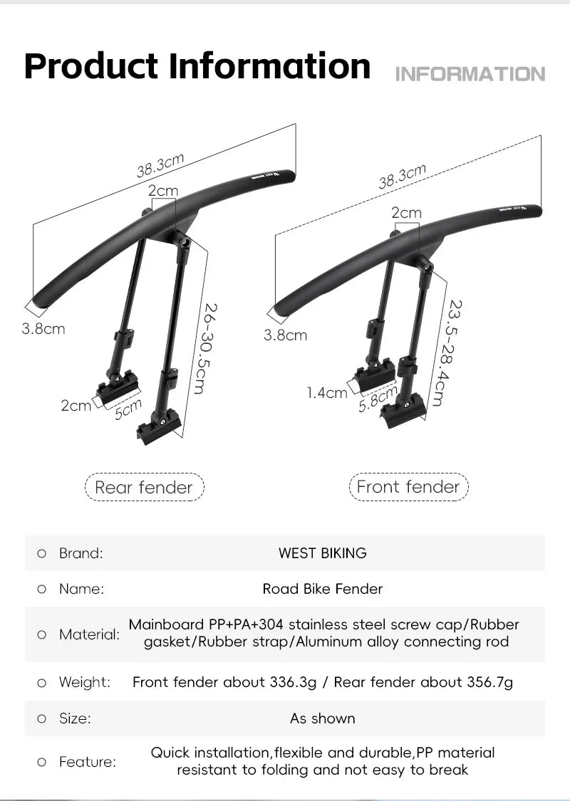 WEST BIKING Road Bike Fender Aerodynamic Lightweight Bicycle Mudguard Set Adjustable Front Rear Mud Protector Bike Accessories