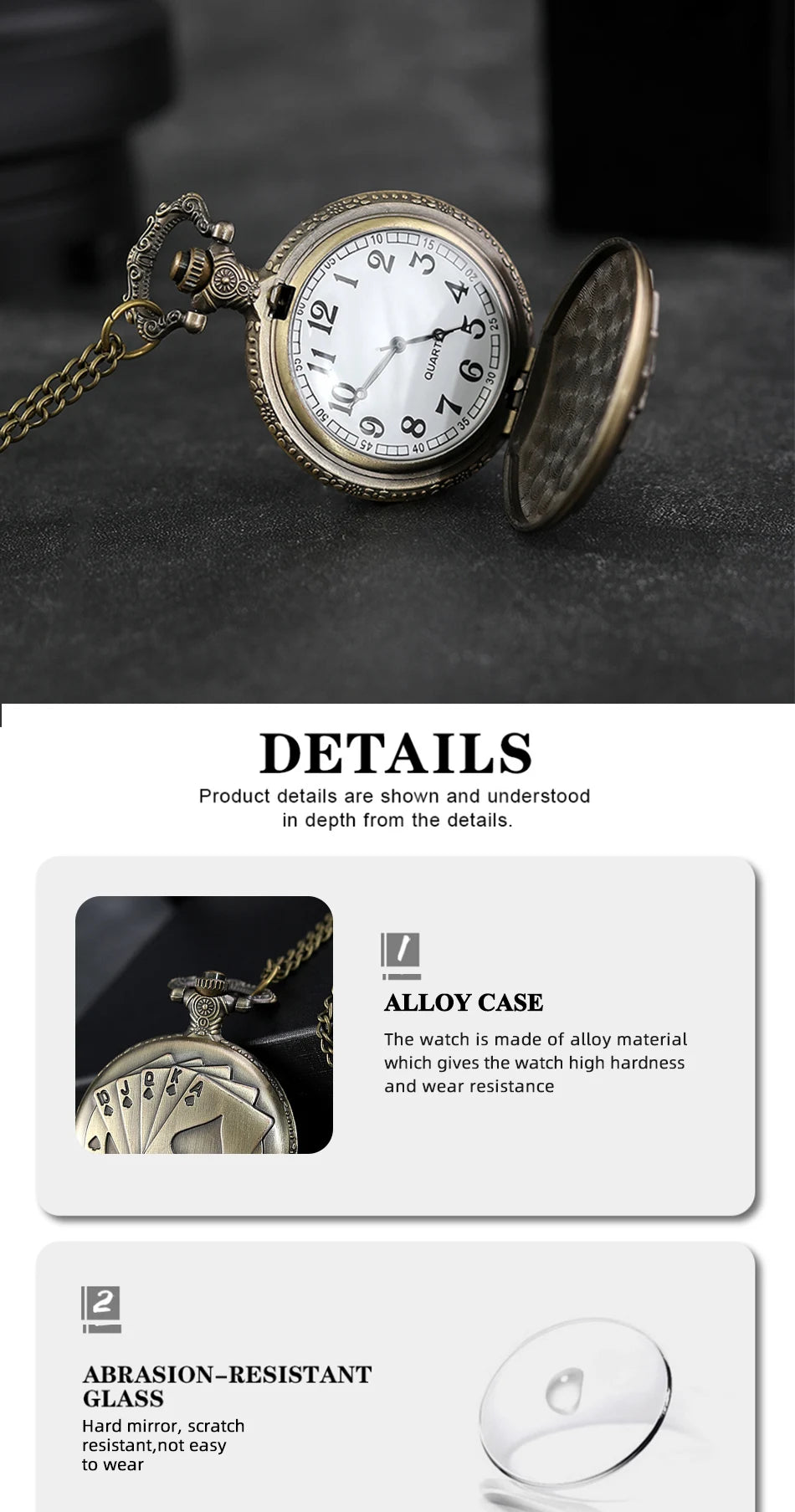 Best Gifts Luxury Quartz Pocket Watch Design Playing Card Necklace Pendant Pocket Watch Clock for Mens Womens