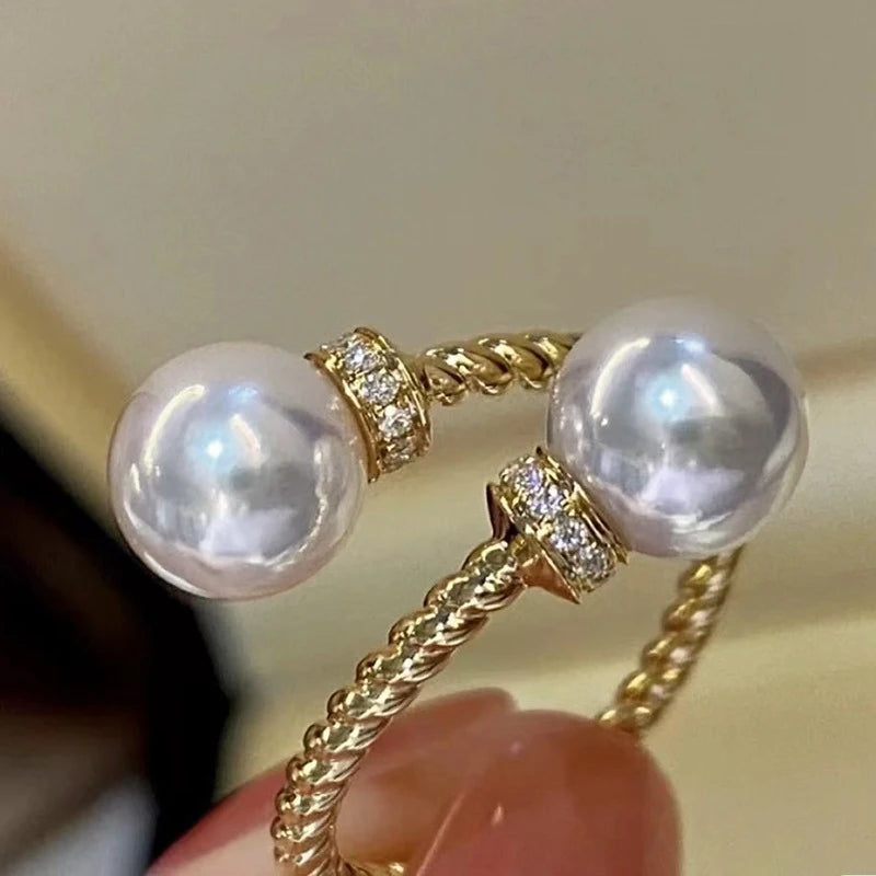 Temperament Double Imitation Pearl Open Ring Twist Gold Color Band New Fashion Women's Accessories Wedding Jewelry 2023