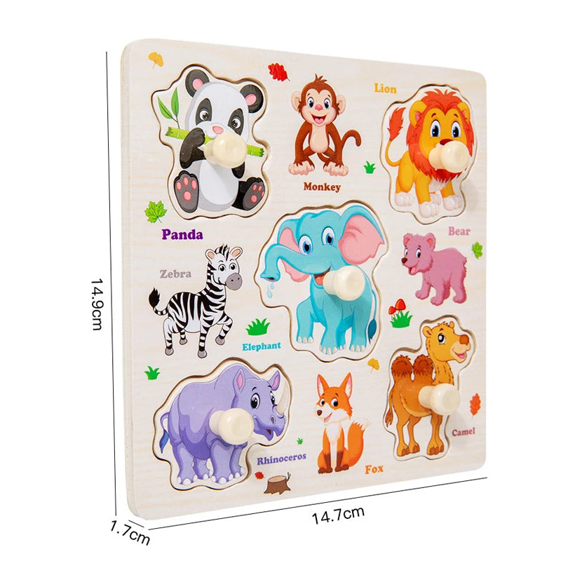 Montessori Wooden Puzzles Cartoon Animal Fruit Hand Grab Board Cognition Jigsaw Puzzle Game Learning Educational Toys For Kids