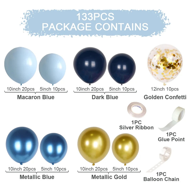 Blue Metallic Balloons Garland Kit Gold Confetti Balloon Arch Birthday Party Decoration Kids Wedding Birthday Baby Shower Boy