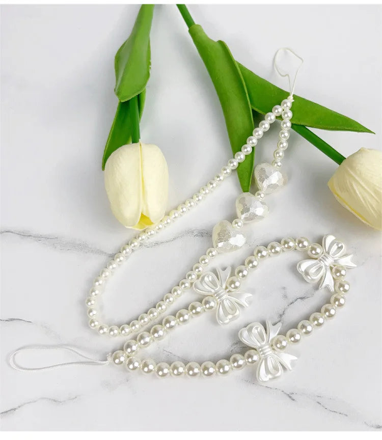 Korean Cute Charm Love Heart Bowknot Phone Chains For Women Telephone Jewelry Strap Beaded Lanyard Hanging Cord Accessories