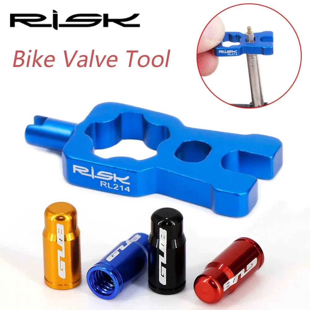 RISK 4 in 1 Bike Valve Core Wrench With 2 Presta Valve caps set Road Bicycle Valve Installation Removal Portable Repair Tool