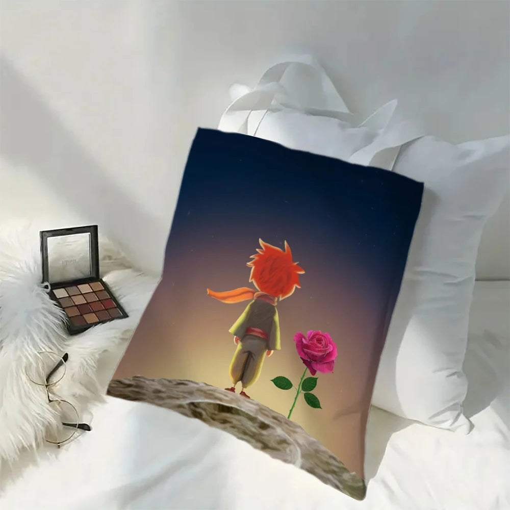Linen Bag The Little Prince Series Print Lightweight Shoulder Bag Versatile Shopping Bag Holder Handbag