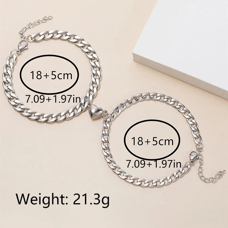 2Pcs/set Magnet Couple Bracelets Heart Attraction Bracelet Sliver Love Charm Simple Cuban Chains Key Lock Jewelry Gifts