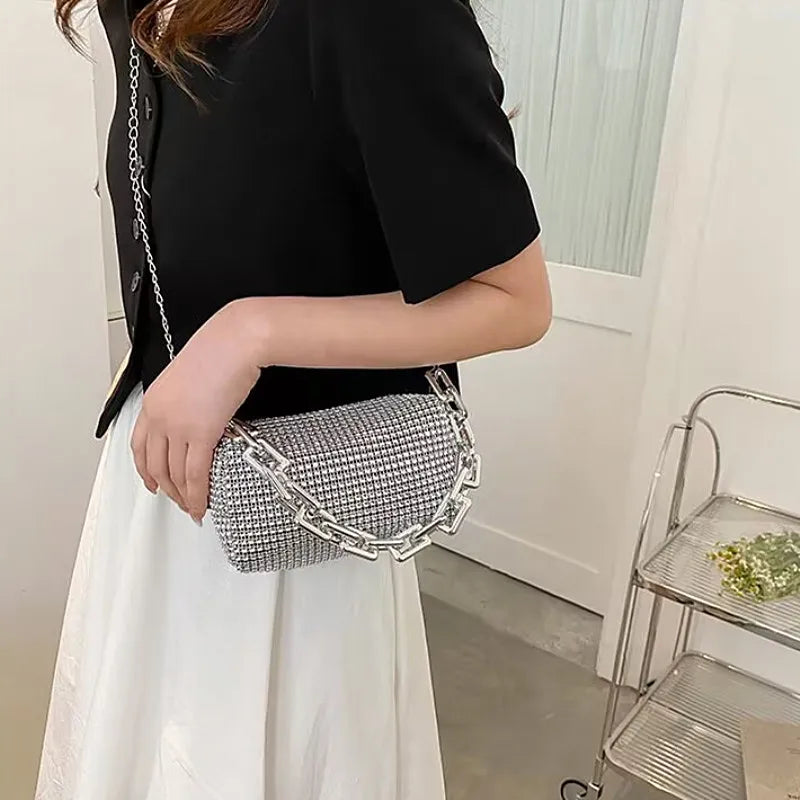 Allover Rhinestone Bucket Bag, Glitter Chain Prom Purse, Women's Mini Crossbody Bag (18cm*13cm*13cm)
