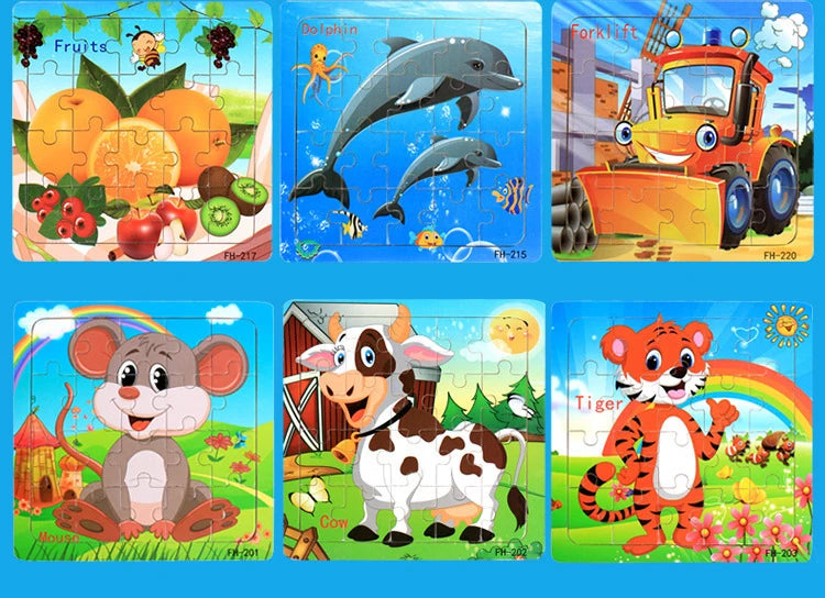 Baby Toys 20Piece Wooden Puzzle Cartoon Animal Vehicle 3D Jigsaw Puzzle Game Montessori Educational Toys For Children Gifts