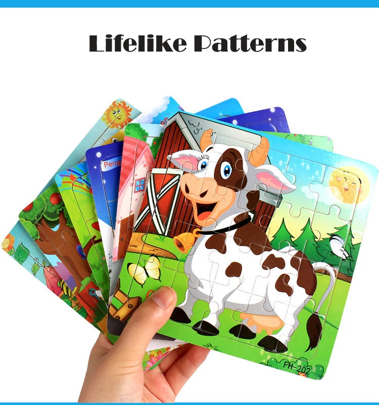 Baby Toys 20Piece Wooden Puzzle Cartoon Animal Vehicle 3D Jigsaw Puzzle Game Montessori Educational Toys For Children Gifts