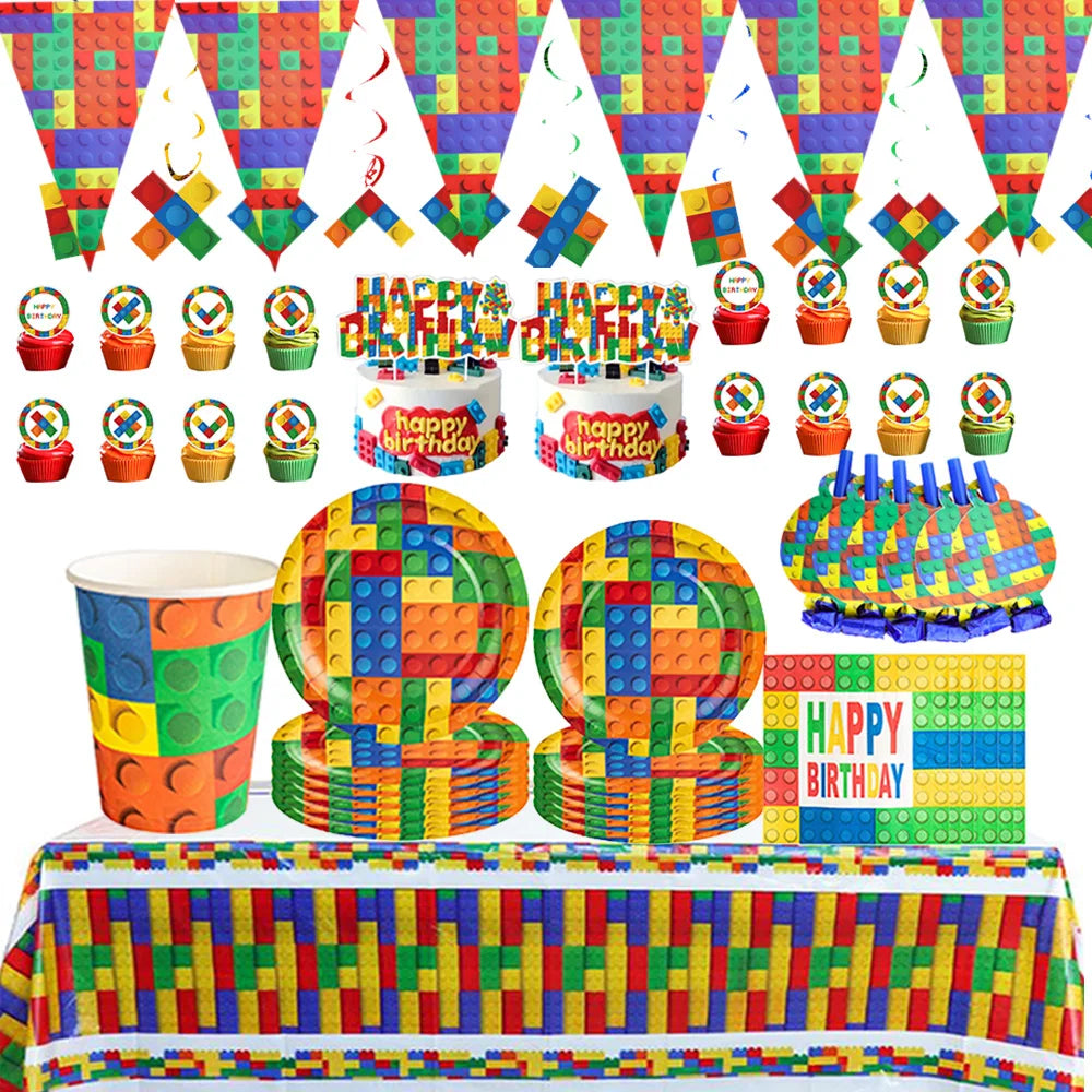 Building Blocks Theme Party Decor Supplies Disposable Tableware Cup Cake Topper Balloon Backdrop For Birthday Party Decoration