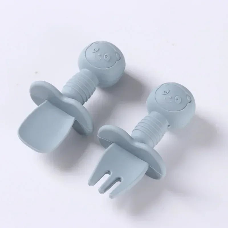 2pcs Food Grade Children Wooden Handle Silicone Spoon Fork Cutlery Baby Training Complementary Food Spoon BabyFeeding Spoon Fork