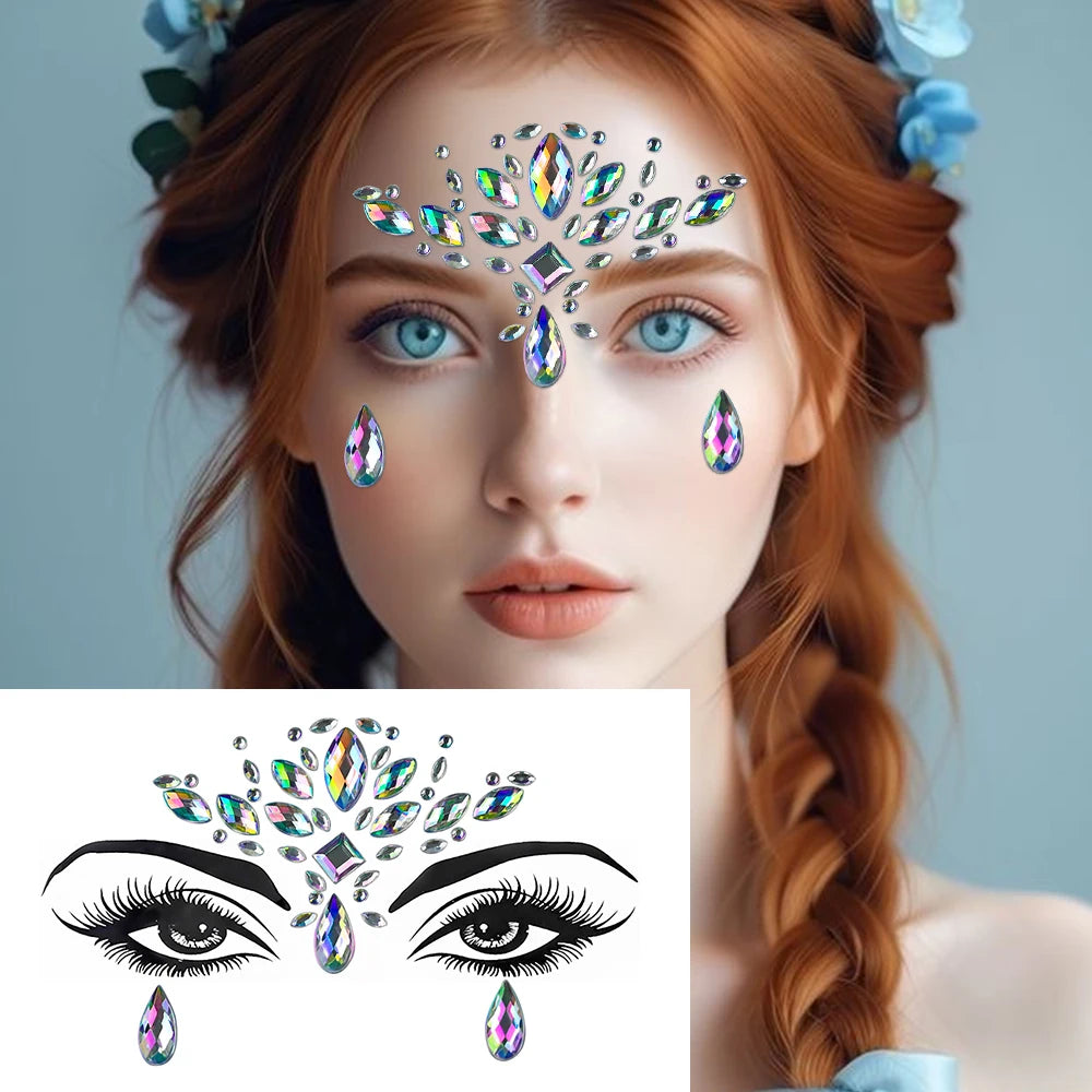 3D Face Eyes Party Makeup Tattoo Sticker Acrylic Diamond Rhinestones Sticker Self-adhesive Mixed Crystal Face Decoration Sticker