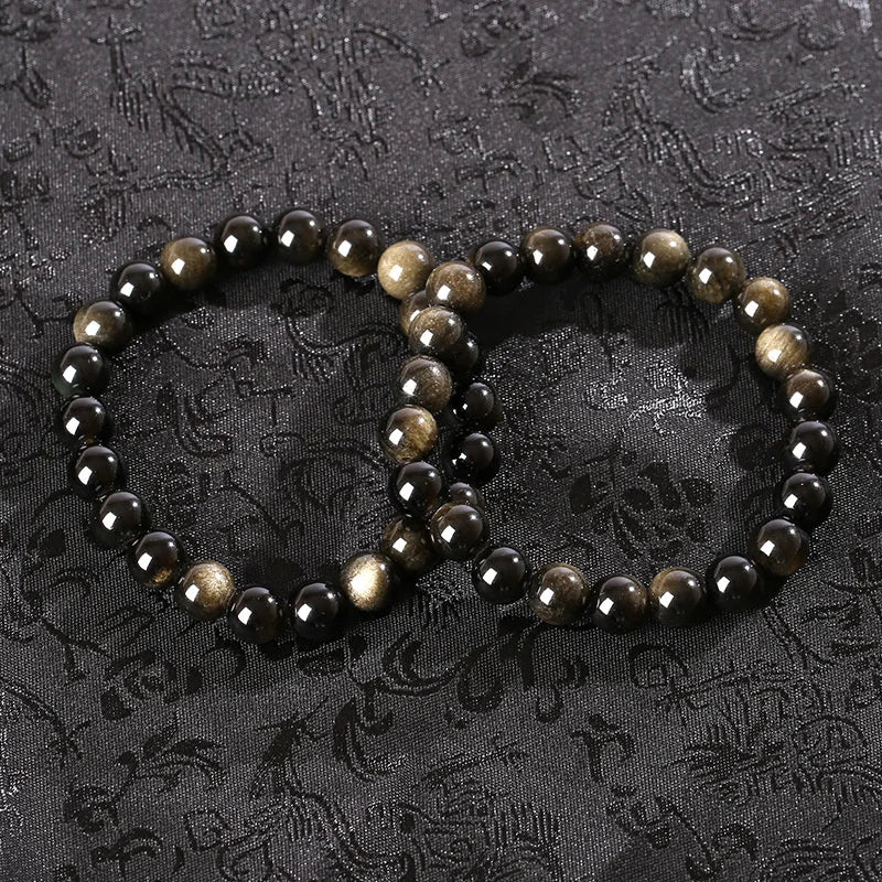 Natural Golden Obsidian Stone Beads Bracelet Men Women Golden Light Rainbow Obsidian Raw Stone Round Bead Natural Energy Jewelry