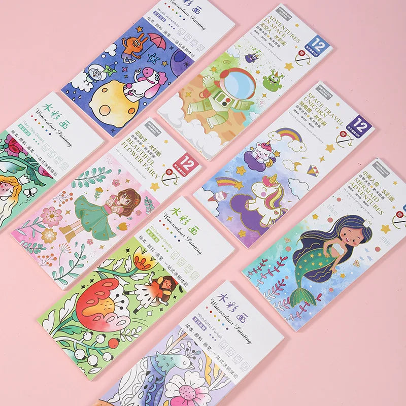 Portable Watercolor Painting Book 12 Sheets Coloring Book With Paint Brush Gouache Book Kids Graffiti Picture Drawing Toys