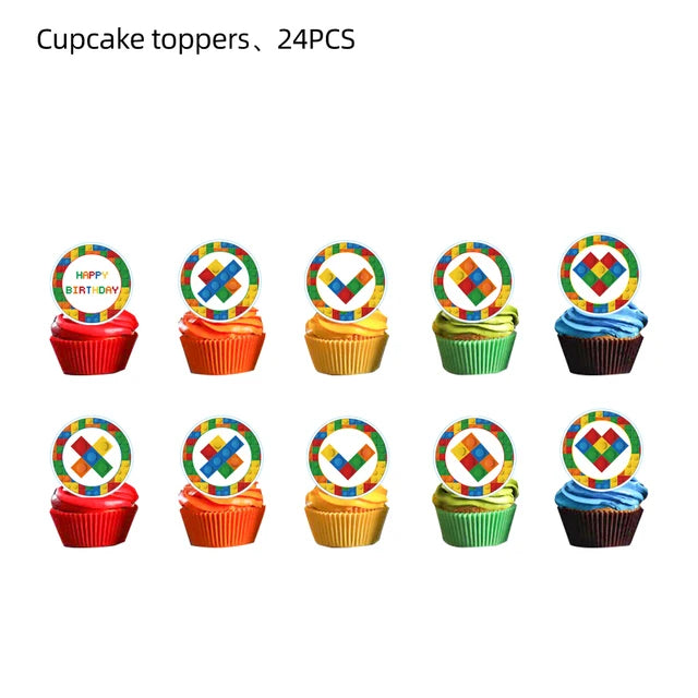 Building Blocks Theme Party Decor Supplies Disposable Tableware Cup Cake Topper Balloon Backdrop For Birthday Party Decoration