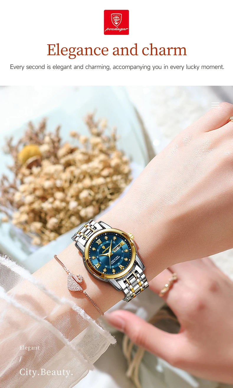 POEDAGAR Luxury Women Wristwatch Waterproof Luminous Date Week Women's Watches Stainless Steel Elegant Dress Quartz Ladies Watch