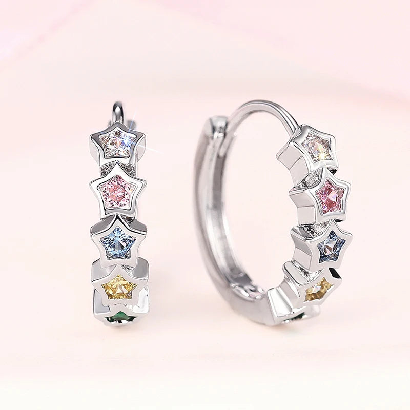 Trendy Star Hoop Circle Earrings Female Bright Rainbow Colored Zirconia Accessories Silver Color Jewelry for Daily Wear