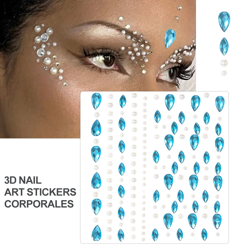 3D Face Eyes Party Makeup Tattoo Sticker Acrylic Diamond Rhinestones Sticker Self-adhesive Mixed Crystal Face Decoration Sticker