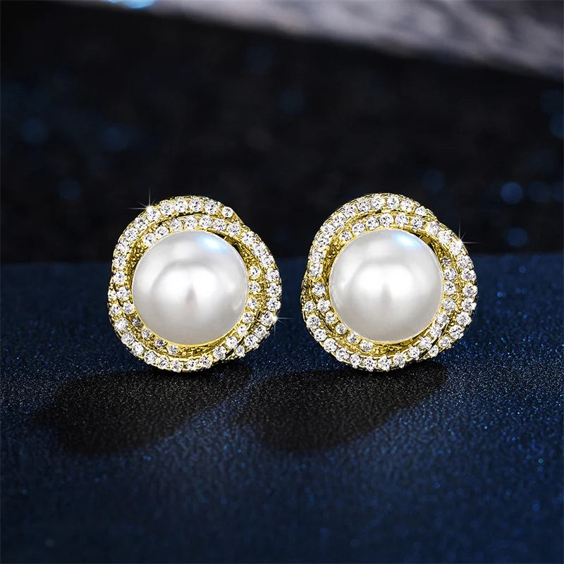 Sparkling Cubic Zirconia Imitation Pearl Stud Earrings for Women Silver Color Temperament Girls Ear Accessory Hot Jewelry