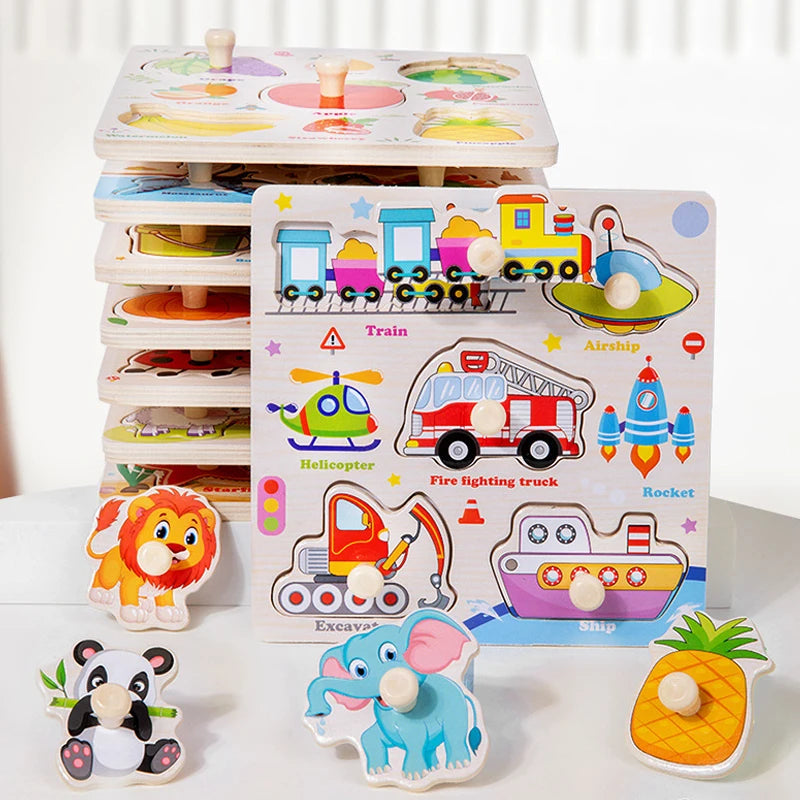 Montessori Wooden Puzzles Cartoon Animal Fruit Hand Grab Board Cognition Jigsaw Puzzle Game Learning Educational Toys For Kids