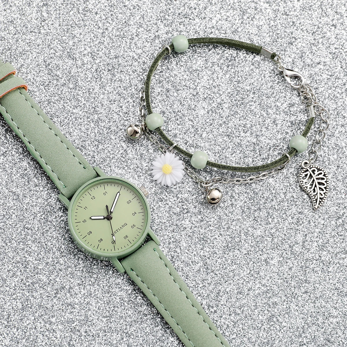2PCS/Set Women's Watch Fashion Arabic Dial Leather Band Quartz Watches Flower Bracelet Set Reloj Mujer Girls Clock Gift