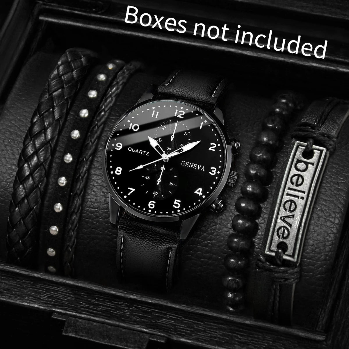 5PCS/Set Men's Business Watches Fashion Arabic Dial Leather Band Quartz Watch Bracelets Set(Without Box)