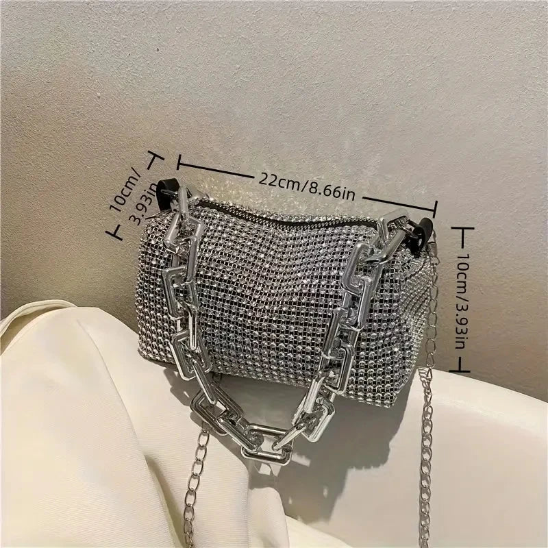 Allover Rhinestone Bucket Bag, Glitter Chain Prom Purse, Women's Mini Crossbody Bag (18cm*13cm*13cm)