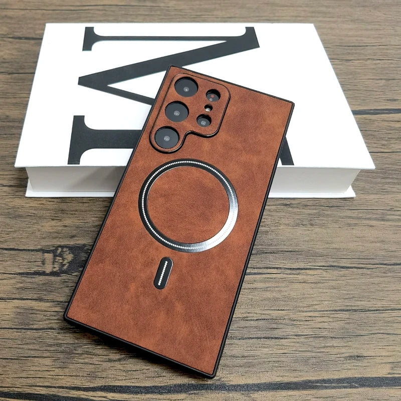 Luxury Matte Leather Case For Samsung Galaxy S25 S24 S23 S22 S21 Ultra Plus FE Note 20 S 23 22 For Magsafe Wireless Full Cover