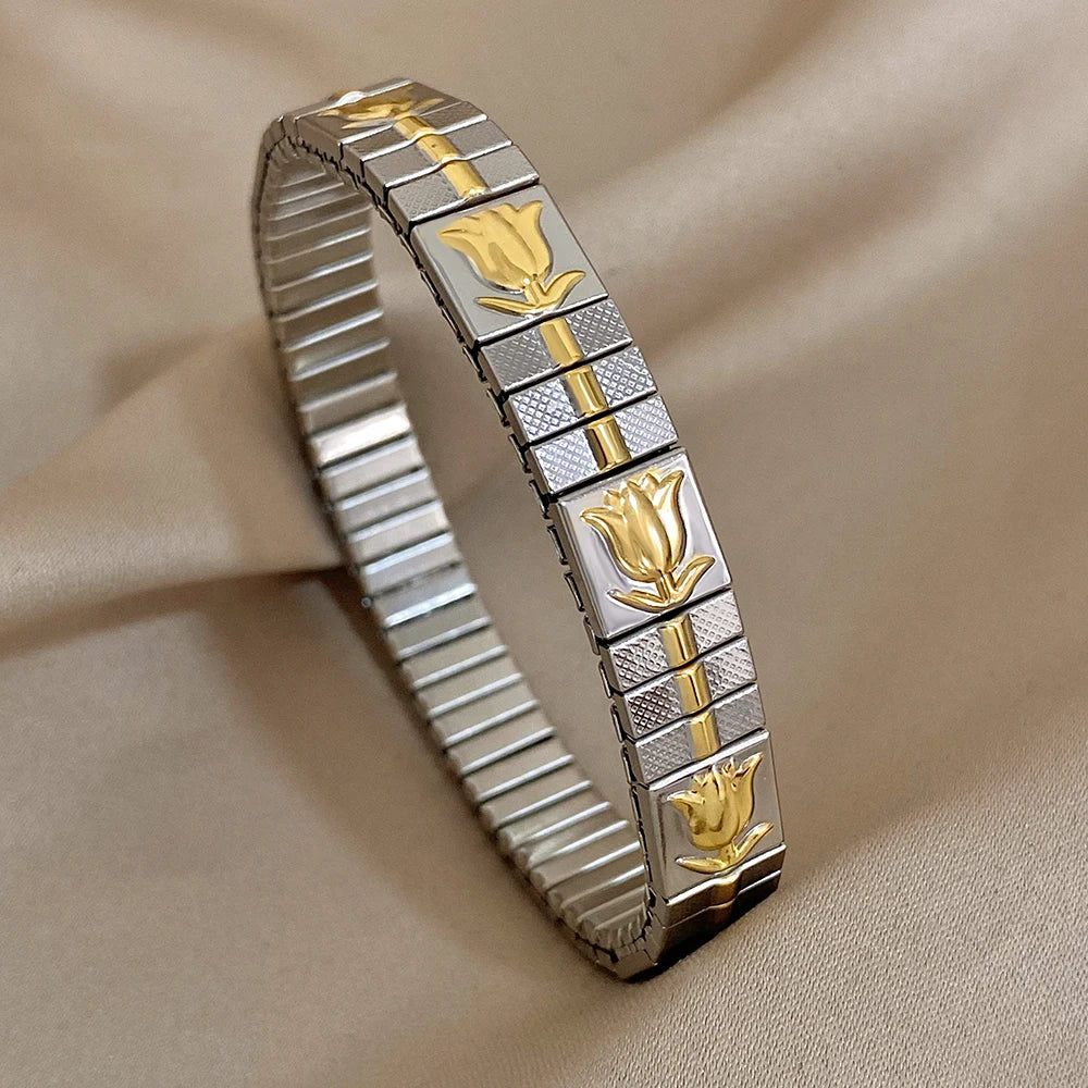 AENSOA Vintage Elasticity Stainless Steel Bangles Bracelet for Women Classic Heart Square Adjustable Wristband Waterproof Bangle