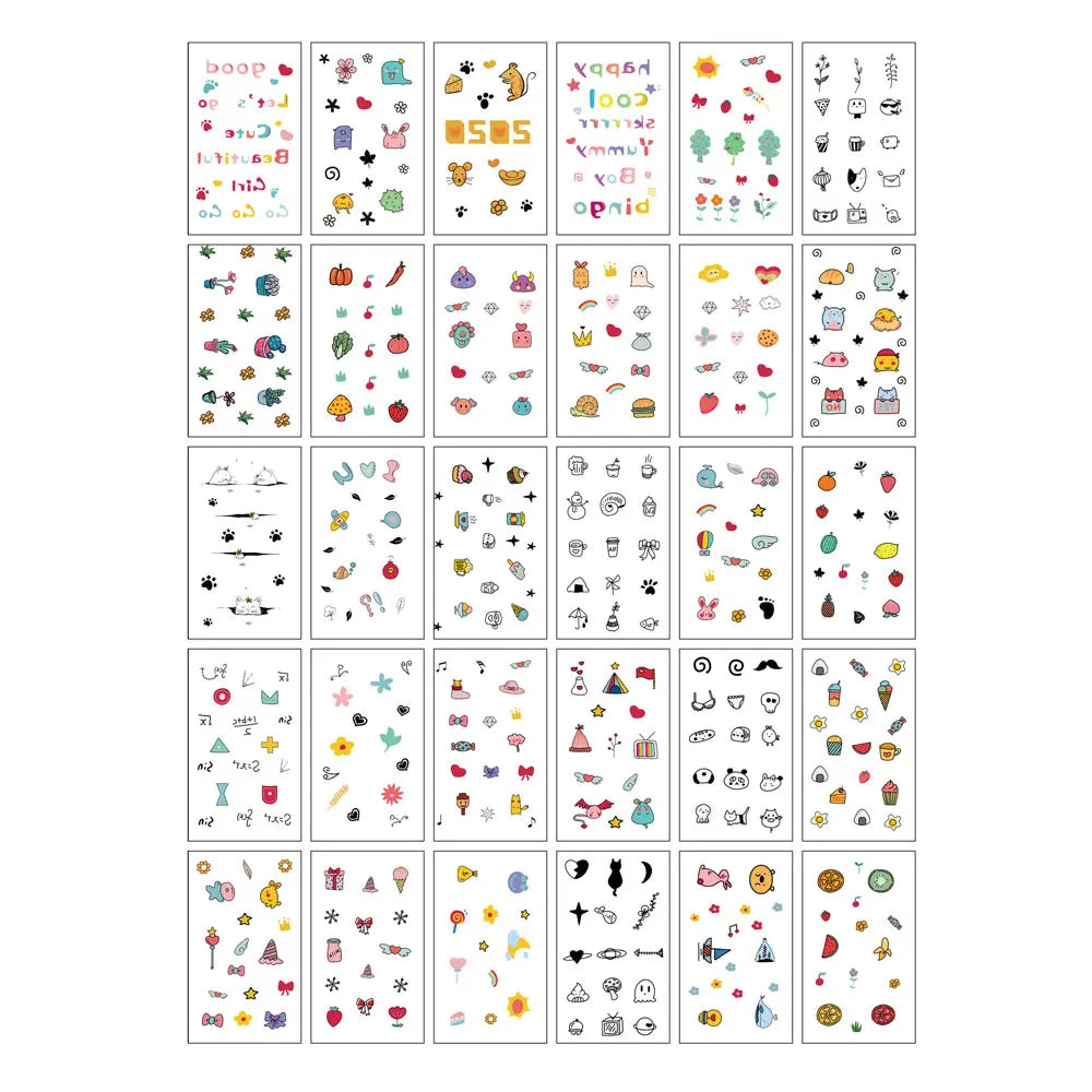 30 Sheets Cute Cartoon Temporary Tattoos for Hands Waterproof Tattoo Stickers for Children Rainbow Fruit Moon Fake Finger Tattoo