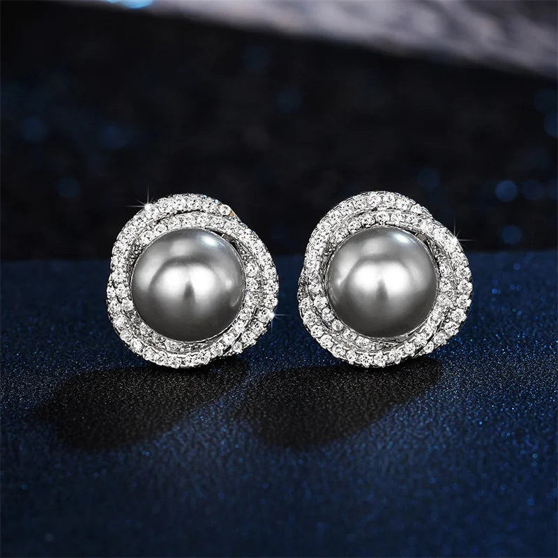 Sparkling Cubic Zirconia Imitation Pearl Stud Earrings for Women Silver Color Temperament Girls Ear Accessory Hot Jewelry