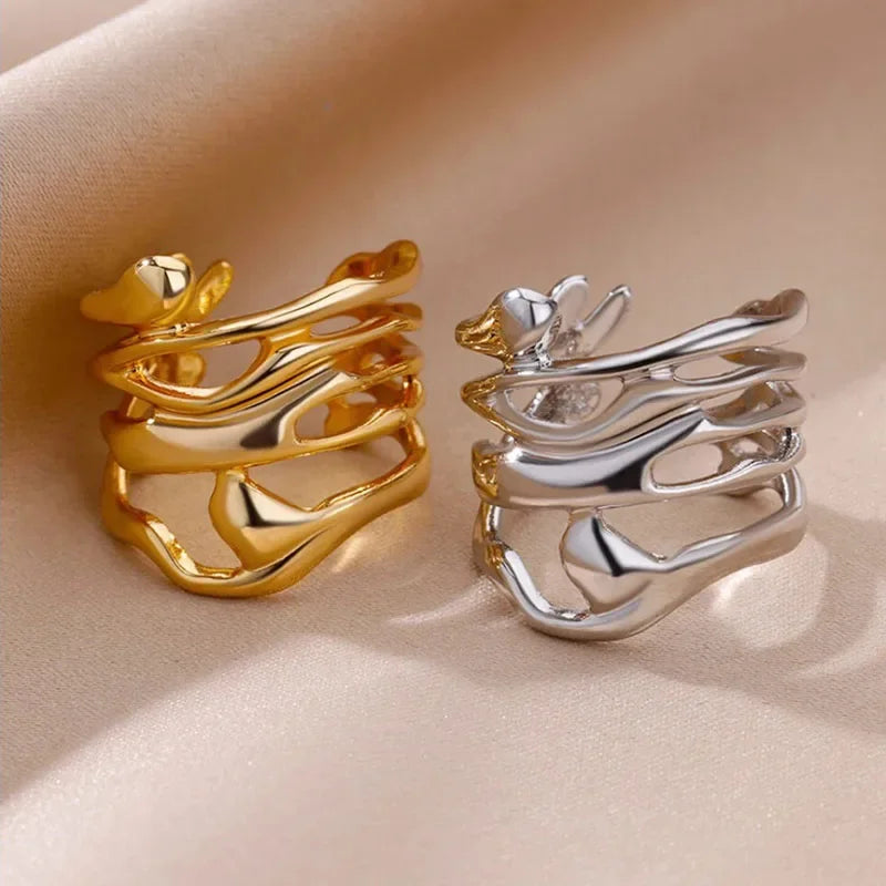 Stainless steel ring gold hollow wide simple fashion suitable for couples party wear jewelry gifts