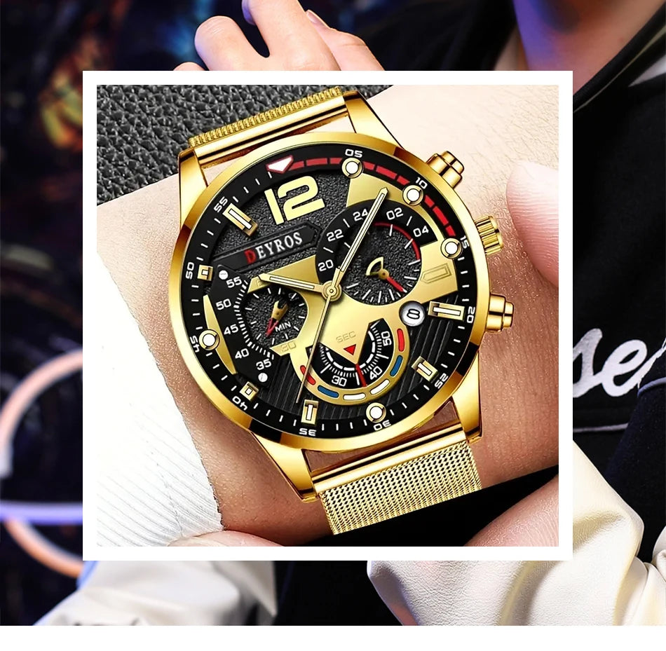 Fashion Mens Business Watches Luxury Stainless Steel Mesh Belt Quartz Wrist Watch Luminous Clock Men Casual Calendar Watch