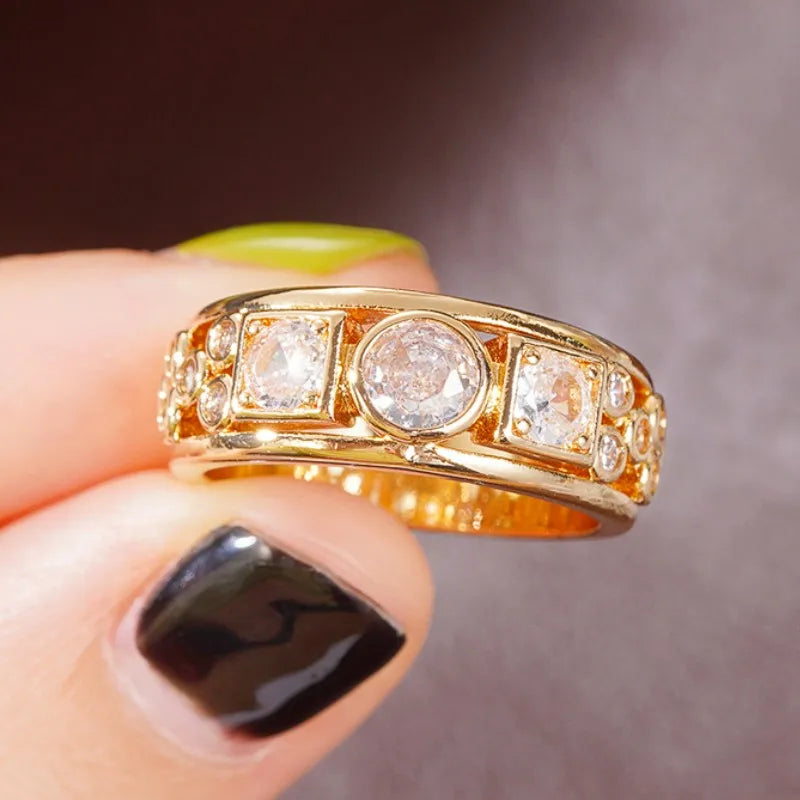 Geometric CZ Gold Color Rings for Women Fashion Versatile Design Wedding Bands Accessories Party Modern Statement Jewelry