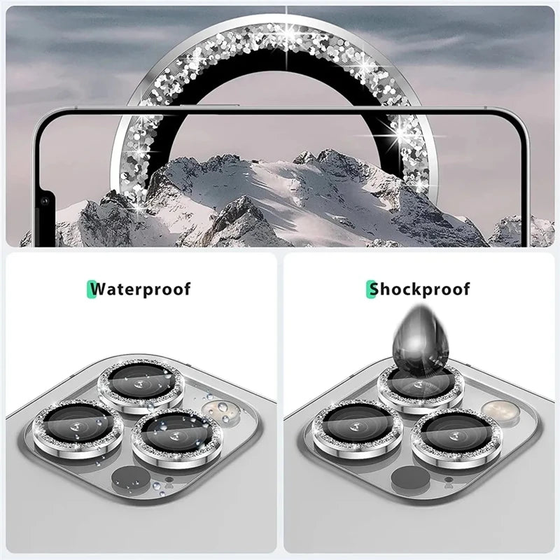1set Glitter Bling Camera Protector for iPhone 15 14 13 12 11 Pro Max Plus Shinny Metal Ring Lens Tempered Glass lens Cover