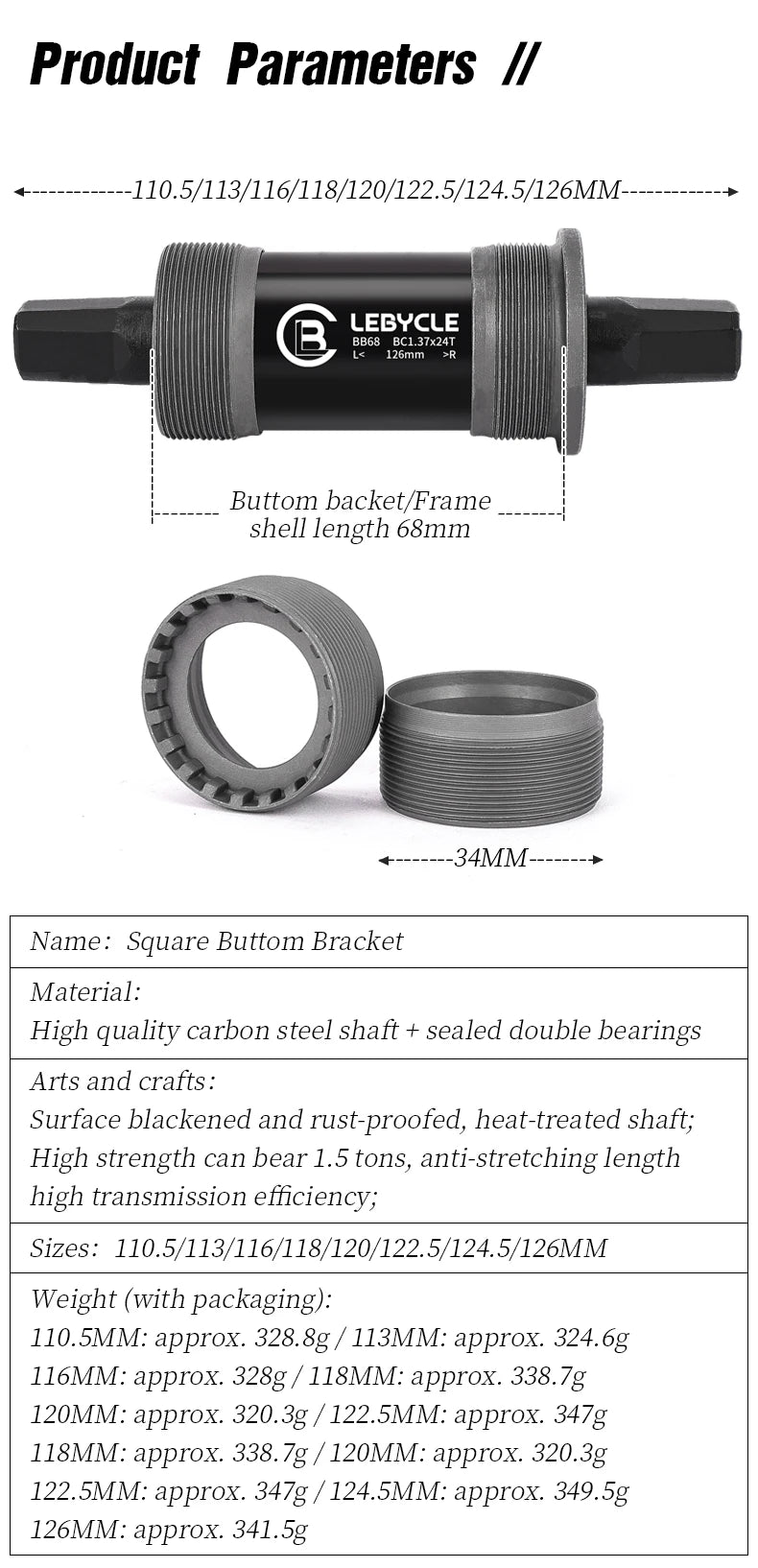 LEBYCLE MTB Road Bicycle Square Bottom Bracket BB68 Threaded Bottom Bracket Bike Hollow Axle 113/120/122.5/124.5/126mm