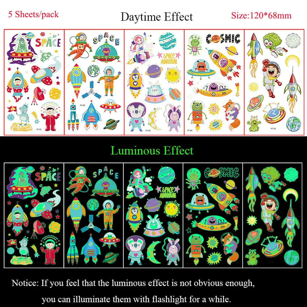 5 Sheets Luminous Tattoo Stickers Temporary Colorful Animal Dinosaur Tattoo Cute Tattoo Stickers Children's Body Tatto