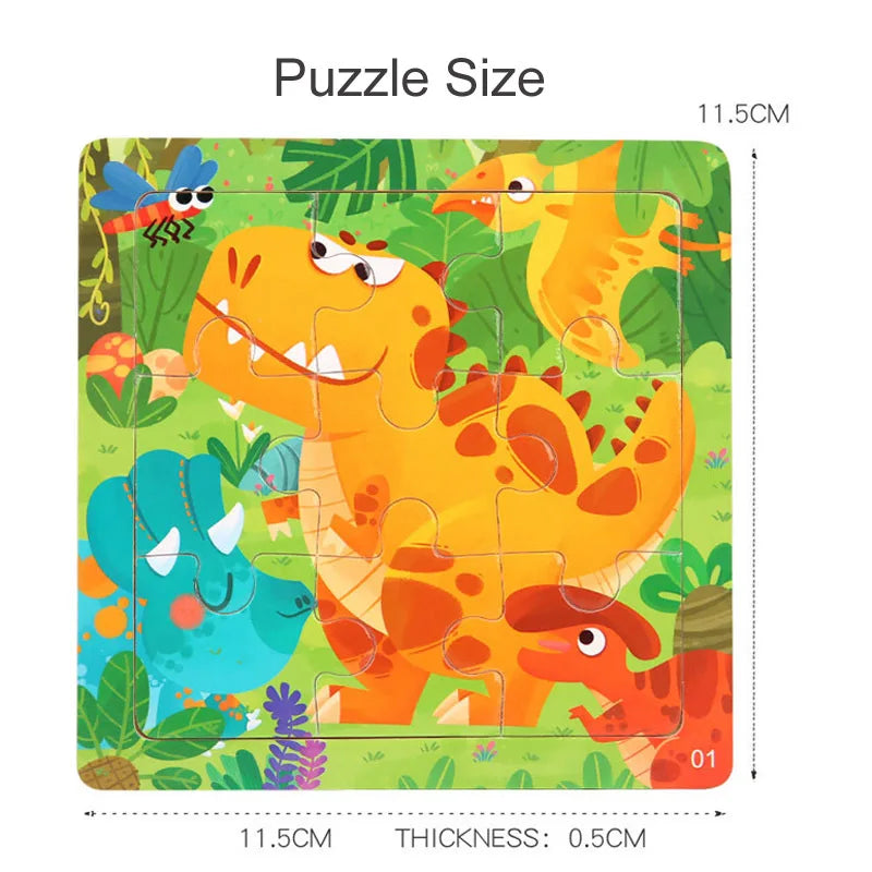 9 Piece Small Wooden Puzzle Cartoon Animal Vehicle 11x11cm Wood 3d Puzzle Montessori Educational Toys For Kids Gifts