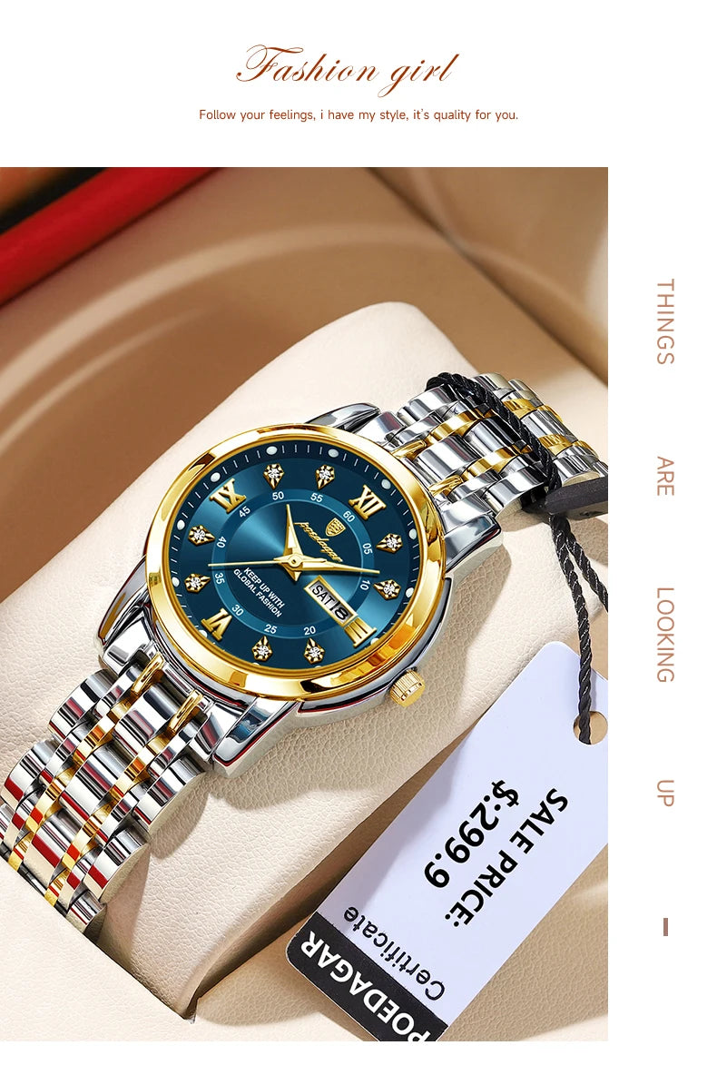 POEDAGAR Luxury Women Wristwatch Waterproof Luminous Date Week Women's Watches Stainless Steel Elegant Dress Quartz Ladies Watch