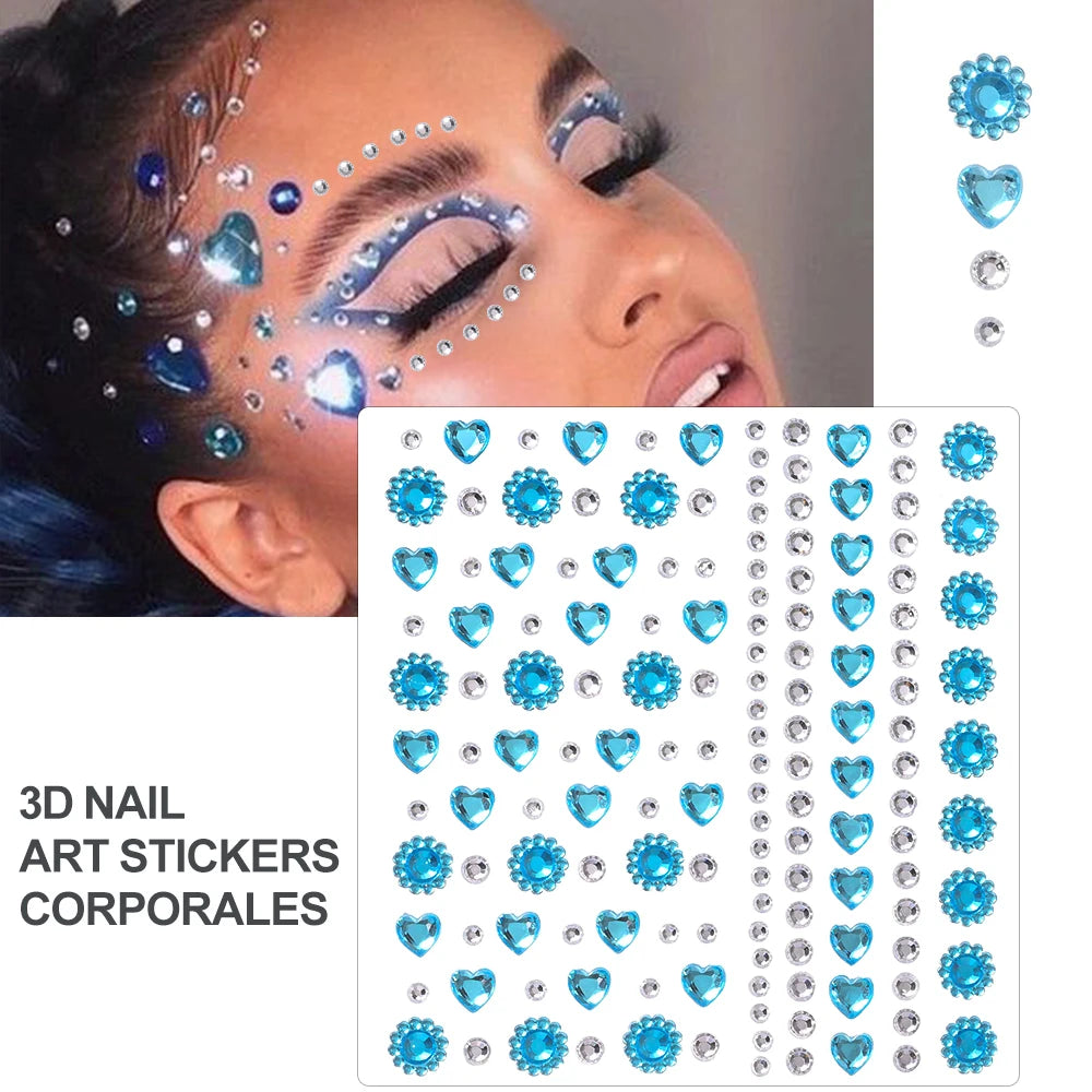 3D Face Eyes Party Makeup Tattoo Sticker Acrylic Diamond Rhinestones Sticker Self-adhesive Mixed Crystal Face Decoration Sticker