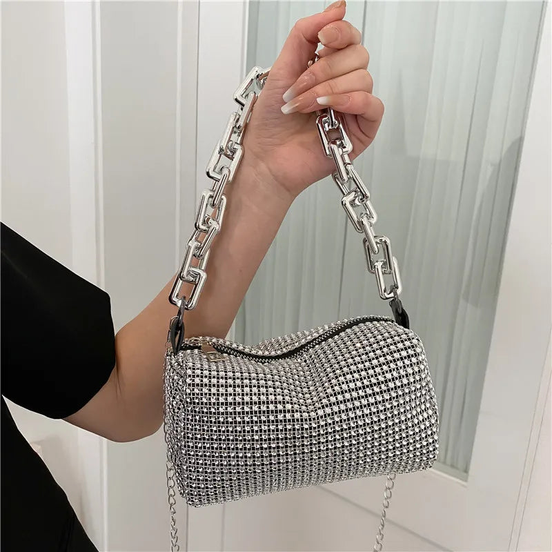 Allover Rhinestone Bucket Bag, Glitter Chain Prom Purse, Women's Mini Crossbody Bag (18cm*13cm*13cm)